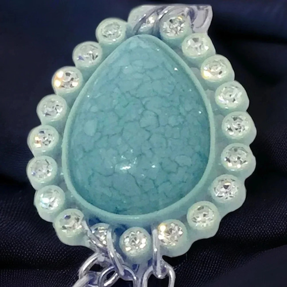 Rhinestone Faux Turquoise Necklace & Earring Silver Tone set - Picture 3 of 7